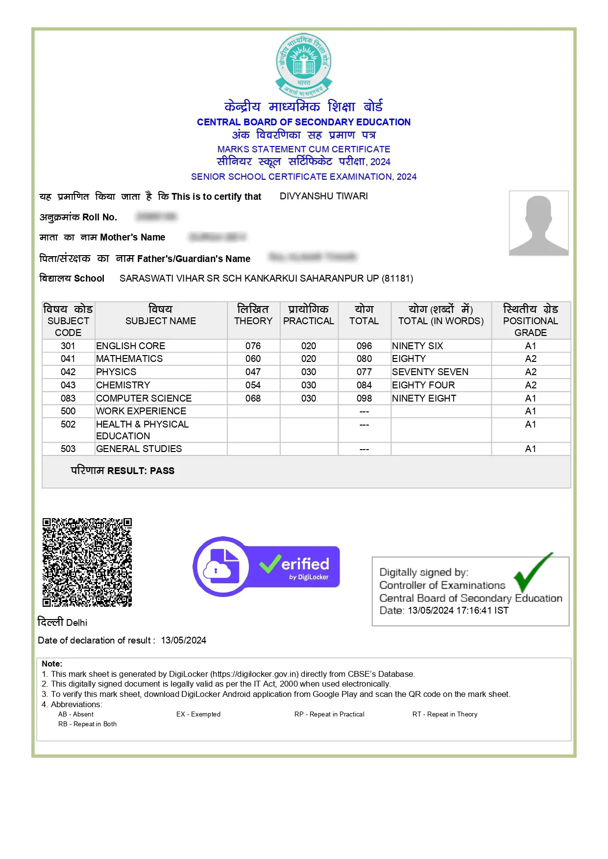 Class XII Report Card